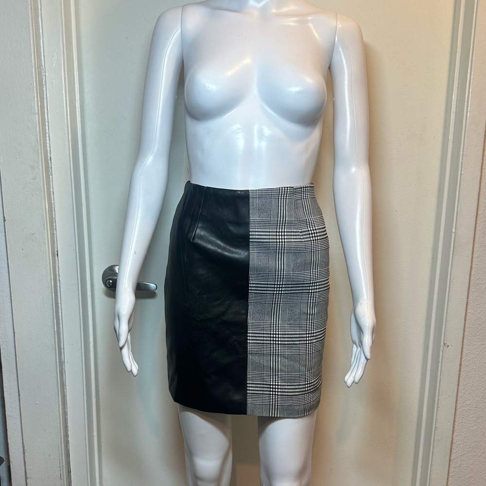 Leather and tartan mini/midi bodycon skirt